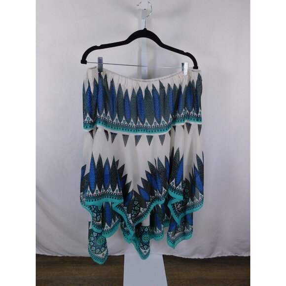 Lane Bryant Skirt Womens Plus 20 White Teal Handkerchief Hem Boho Geometric - Picture 2 of 10